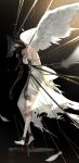  1girl angel_wings barefoot cable commentary_request cuffs dress feathered_wings feathers full_body highres impaled open_mouth original prosthesis prosthetic_arm shackles solo teeth torn_clothes tube white_dress wings zenmaibook 