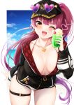  1girl ;d anchor_symbol arm_behind_back arrow_through_heart badge bangs baseball_cap bent_over bikini bikini_top bikini_under_clothes black_headwear black_jacket blush breasts center_opening cowboy_shot crotch_seam cup day dolphin_shorts drink drinking_glass drinking_straw earrings eyebrows_visible_through_hair eyewear_on_headwear food gradient_hair halter_top halterneck hat heart heart-shaped_eyewear heart_necklace highres holding holding_cup hololive hood hooded_jacket houshou_marine ice_cream ice_cream_float jacket jewelry large_breasts long_hair looking_at_viewer melon_soda micro_shorts multicolored_hair necklace ocean official_alternate_costume one_eye_closed open_mouth outside_border partially_unzipped pien purple_hair red_bikini red_eyes redhead shorts skindentation sky smile solo string_bikini suikagumi-oisiii sunglasses swimsuit thigh_strap thighs tropical_drink very_long_hair virtual_youtuber white_shorts yellow_eyes zipper zipper_pull_tab 