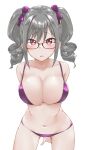  1girl aimobake bare_shoulders bespectacled bikini blush bow breasts collarbone commentary_request drill_hair eyebrows_visible_through_hair glasses grey_hair hair_bow highres huge_breasts idolmaster idolmaster_cinderella_girls kanzaki_ranko leaning_forward looking_at_viewer midriff navel open_mouth pink_eyes purple_bikini purple_bow red-framed_eyewear short_twintails sidelocks simple_background solo swimsuit twin_drills twintails white_background 