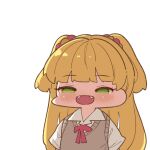  1girl :d blonde_hair blush chibi eyebrows_visible_through_hair fangs green_eyes grey_vest idolmaster idolmaster_cinderella_girls jougasaki_rika long_hair looking_at_viewer neck_ribbon open_mouth red_neckwear red_ribbon ribbon shirt simple_background smile solo sweater_vest takato_kurosuke two_side_up vest white_background white_shirt 