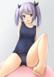  1girl :d bangs bare_legs bare_shoulders barefoot black_ribbon blue_swimsuit blush breasts collarbone commentary_request eyebrows_visible_through_hair gradient gradient_background grey_background hair_ribbon highres knee_up looking_at_viewer old_school_swimsuit one-piece_swimsuit open_mouth original purple_hair ribbon school_swimsuit shibacha small_breasts smile soles solo swimsuit twintails violet_eyes 