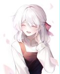  1girl :d absurdres apron bangs black_apron blush closed_eyes eyebrows_visible_through_hair grey_hair hair_ribbon hand_on_own_neck highres hu_qu long_hair long_sleeves open_mouth original petals red_ribbon ribbon shiny shiny_hair shirt simple_background smile solo upper_body white_background white_shirt 