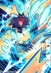  absurdres blue_eyes character_name claws commentary electricity energy fangs furry gen_7_pokemon highres looking_at_viewer mythical_pokemon open_mouth pokemon tia_(iris-sempi) tongue yellow_fur zeraora 