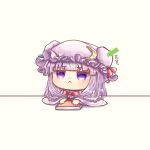  1girl :&lt; arrow_(symbol) bangs blue_ribbon blunt_bangs book bow bowtie chibi closed_mouth commentary_request crescent crescent_hat_ornament crescent_pin eyebrows_visible_through_hair hat hat_ornament hat_ribbon highres mob_cap patchouli_knowledge poking poking_head purple_hair red_bow red_neckwear red_ribbon ribbon simple_background solo suna_sen table touhou translation_request violet_eyes white_background wide_sleeves 