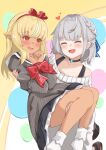 2girls absurdres bare_shoulders blonde_hair blush bound bound_wrists bow braid carrying choker closed_eyes collarbone commentary_request dark-skinned_female dark_skin dress english_text eyebrows_visible_through_hair facing_another french_braid hair_bow happy_birthday heart highres hololive kusana_(dudqja602) long_hair long_sleeves looking_at_another medium_hair multiple_girls orange_eyes pointy_ears princess_carry red_bow ribbed_dress shiranui_flare shirogane_noel silver_hair virtual_youtuber yuri 
