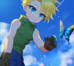  1boy a-uto animal bangs blonde_hair blue_butterfly blue_eyes blue_pants blue_sky brown_gloves bug butterfly clouds commentary dated day digimon digimon_adventure eyebrows_visible_through_hair gloves green_shirt insect ishida_yamato lens_flare light_rays looking_at_another looking_down male_focus outdoors pants shirt short_hair sky sleeveless sleeveless_shirt solo sunbeam sunlight turtleneck 