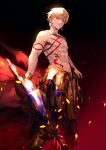  1boy abs absurdres armored_skirt blonde_hair closed_mouth earrings fate/grand_order fate_(series) gilgamesh_(fate) highres jewelry looking_at_viewer male_focus muscular muscular_male navel necklace nipples red_eyes shirtless short_hair solo tattoo user_giq0102 weapon 