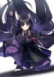  1girl animal_ears arknights armor bangs beads black_hair black_kimono commentary_request dog_ears facial_mark fingerless_gloves forehead_mark gloves highres holding holding_weapon itaco japanese_clothes kimono knee_pads long_hair looking_at_viewer naginata one_knee pants polearm prayer_beads purple_gloves purple_pants red_eyes saga_(arknights) simple_background solo very_long_hair weapon white_background 