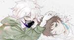  2boys artist_name bangs blush brown_hair commentary_request dangan_ronpa_(series) dangan_ronpa_2:_goodbye_despair green_jacket grey_background grey_hair hair_between_eyes hands_on_another&#039;s_head highres hinata_hajime hood hood_down interlocked_fingers jacket kibou_jiang komaeda_nagito long_hair long_sleeves looking_at_viewer male_focus mask mask_removed medium_hair messy_hair mouth_mask multiple_boys one_eye_closed scissors shirt short_hair simple_background white_shirt 