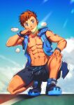  1boy abs black_shorts blue_eyes blue_vest bracer brown_hair clouds day earrings highres jewelry large_pectorals looking_at_viewer lvlv male_focus muscular muscular_male navel nipples open_clothes open_vest original outdoors pectorals shoes short_hair shorts single_earring sky solo toned toned_male veins vest 