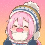  1girl :d blush chibi facing_viewer hair_between_eyes hat kagamihara_nadeshiko open_mouth round_teeth smile solo takato_kurosuke teeth upper_body upper_teeth wide_face yurucamp 