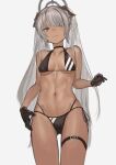  bare_shoulders bikini black_bow black_choker black_gloves black_ribbon blue_archive bow breasts breasts_apart brown_eyes choker closed_mouth collarbone cowboy_shot dark-skinned_female dark_skin eyebrows_visible_through_hair gloves grey_hair hair_bow hair_over_one_eye halo highres iori_(blue_archive) konoike_(pepe_expect) long_hair looking_at_viewer medium_breasts navel pointy_ears ribbon side-tie_bikini simple_background stomach swimsuit thigh_strap toned tray twintails v-shaped_eyebrows very_long_hair white_background 