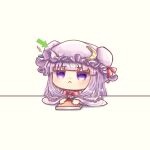  1girl :&lt; arrow_(symbol) bangs blue_ribbon blunt_bangs book bow bowtie chibi closed_mouth commentary_request crescent crescent_hat_ornament crescent_pin eyebrows_visible_through_hair hat hat_ornament hat_ribbon highres mob_cap patchouli_knowledge poking poking_head purple_hair red_bow red_neckwear red_ribbon ribbon simple_background solo suna_sen table touhou translation_request violet_eyes white_background wide_sleeves 