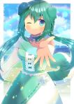  1girl ;) animal_ears bangs bare_shoulders bell blue_eyes blurry blurry_background blush bow braid breasts center_frills character_request closed_mouth collarbone depth_of_field dog_ears dog_girl dog_tail dress eyebrows_visible_through_hair frills green_bow green_dress green_hair hair_between_eyes indie_virtual_youtuber jingle_bell kou_hiyoyo looking_at_viewer low_twintails medium_breasts off_shoulder one_eye_closed outstretched_arm rainbow see-through see-through_sleeves short_eyebrows smile solo tail thick_eyebrows twintails virtual_youtuber 