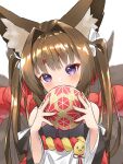  1girl amagi-chan_(azur_lane) animal_ears azur_lane ball bangs blunt_bangs blurry brown_hair commentary covering_mouth depth_of_field eyebrows_visible_through_hair eyeshadow fox_ears fox_girl fox_tail hair_ribbon head_tilt highres holding holding_ball kyuubi long_hair looking_at_viewer makeup manjuu_(azur_lane) marimo_daifuku multiple_tails off-shoulder_kimono ribbon rope shimenawa sidelocks simple_background solo tail thick_eyebrows twintails violet_eyes white_background wide_sleeves 