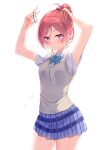  1girl absurdres alternate_hairstyle arms_up bangs blue_neckwear blue_skirt blush bow bowtie breasts cardigan_vest closed_mouth collared_shirt cowboy_shot eyebrows_visible_through_hair highres kobayashi_nyoromichi looking_at_viewer love_live! love_live!_school_idol_project nishikino_maki otonokizaka_school_uniform pleated_skirt ponytail school_uniform shirt short_sleeves simple_background skirt solo striped striped_bow tying_hair violet_eyes white_background white_shirt 