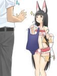  1girl alternate_costume animal_ears azur_lane bangs belt bikini black_hair blunt_bangs clothes_hanger collarbone commander_(azur_lane) commentary_request eyebrows_visible_through_hair fox_ears frilled_swimsuit frills grey_pants holding long_hair looking_at_another looking_at_viewer looking_up marimo_daifuku midriff nagato_(azur_lane) navel old_school_swimsuit out_of_frame pants polka_dot polka_dot_bikini school_swimsuit shirt sidelocks simple_background size_difference solo sparkle sweatdrop swimsuit v-shaped_eyebrows white_background white_shirt yellow_eyes 