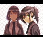  2girls absurdres alternate_hairstyle bangs black_cardigan black_hair black_neckwear black_shirt breasts cardigan chain-link_fence closed_mouth collared_shirt commentary_request expressionless eyebrows_visible_through_hair fence green_eyes grey_shirt grey_sweater_vest hair_between_eyes highres kotobuki_(stealth_sendan) kuroki_tomoko letterboxed long_hair looking_at_viewer low_twintails multiple_girls necktie official_alternate_costume ponytail school_uniform shiny shiny_hair shirt short_necktie sidelocks sweater_vest tamura_yuri twintails upper_body violet_eyes watashi_ga_motenai_no_wa_dou_kangaetemo_omaera_ga_warui! 