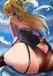  1girl artist_name ass asymmetrical_legwear bangs black_legwear blonde_hair blue_sky breasts butt_crack choker clothing_cutout clouds cloudy_sky commentary day elbow_gloves fischl_(genshin_impact) floating_hair from_behind genshin_impact glint gloves hair_over_one_eye hair_ribbon highres long_hair nyahpa20 outdoors parted_lips profile ribbon sitting sky slime_(genshin_impact) small_breasts solo thigh-highs thighs two_side_up wind 