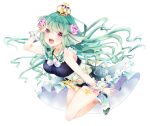  1girl asupara_(tsuma_bikio) bike_shorts breasts clothing_cutout finana_ryugu flower frilled_sailor_collar frills green_footwear green_hair green_skirt hair_flower hair_ornament head_fins leg_tattoo long_hair medium_breasts navel_cutout neck_tattoo nijisanji nijisanji_en purple_flower sailor_collar seashell shell skirt solo starfish tattoo transparent_background violet_eyes virtual_youtuber wrist_cuffs 