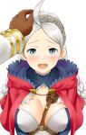  absurdres ahoge bangs blue_eyes braid breasts brown_gloves fire fire_emblem fire_emblem_fates fire_emblem_heroes gloves hairband harness headpat highres hood hood_down igni_tion kiran_(fire_emblem) large_breasts looking_at_viewer male_hand md5_mismatch nina_(fire_emblem) open_mouth twin_braids upper_body 