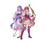  2girls absurdres anbe_yoshirou arrow_(projectile) bangs bare_shoulders boots bow_(weapon) braid breasts camilla_(fire_emblem) closed_mouth collarbone commentary dress fire_emblem fire_emblem_fates fire_emblem_heroes frills full_body gloves hair_over_one_eye headband highres hinoka_(fire_emblem) holding holding_bow_(weapon) holding_sword holding_weapon large_breasts long_hair looking_at_viewer multiple_girls official_art puffy_short_sleeves puffy_sleeves purple_hair red_eyes redhead shiny shiny_hair shoes short_hair short_sleeves simple_background smile standing sword thigh-highs thigh_boots thigh_strap tied_hair weapon white_background zettai_ryouiki 