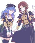  2girls alternate_costume alternate_hairstyle bangs black_headwear black_legwear black_skirt blue_hair blunt_bangs braid breasts brown_eyes brown_hair buttons cabbie_hat closed_mouth commentary_request cosplay costume_switch crown_braid dorothea_arnault dorothea_arnault_(cosplay) epaulettes fire_emblem fire_emblem:_three_houses forehead garreg_mach_monastery_uniform green_eyes hand_on_own_chest hands_together hat juliet_sleeves kitano_373 long_skirt long_sleeves looking_at_viewer marianne_von_edmund marianne_von_edmund_(cosplay) medium_breasts miniskirt multiple_girls parted_lips puffy_sleeves sidelocks skirt smile thigh-highs uniform white_background 