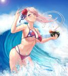  1girl absurdres american_flag_bikini asymmetrical_hair bangs bikini blue_eyes bowl breasts bun_cover chopsticks fate/grand_order fate_(series) flag_print hair_bun highres holding holding_bowl holding_chopsticks large_breasts long_hair miyamoto_musashi_(fate) miyamoto_musashi_(swimsuit_berserker)_(fate) multi-strapped_bikini navel pink_hair side_bun single_hair_intake solo standing swept_bangs swimsuit usd_(wwkr2537) waving 