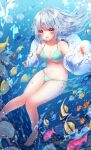  1girl :d air_bubble aqua_bikini barefoot bikini blurry blush breasts bubble clownfish fish foot_out_of_frame grey_hair highres legs_together michiru_donut navel open_mouth original side-tie_bikini silver_hair small_breasts smile solo swimsuit tropical_fish underwater underwear 