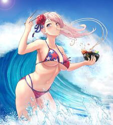  1girl absurdres american_flag_bikini asymmetrical_hair bangs bikini blue_eyes bowl breasts bun_cover chopsticks fate/grand_order fate_(series) flag_print hair_bun highres holding holding_bowl holding_chopsticks large_breasts long_hair miyamoto_musashi_(fate) miyamoto_musashi_(swimsuit_berserker)_(fate) multi-strapped_bikini navel pink_hair side_bun single_hair_intake solo standing swept_bangs swimsuit usd_(wwkr2537) waving 