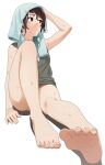  1girl arm_up bare_arms bare_legs bare_shoulders barefoot black_tank_top brown_eyes brown_hair full_body knee_up looking_away mattaku_mousuke original parted_lips shadow sitting soles solo tank_top toes towel towel_on_head wet white_background 
