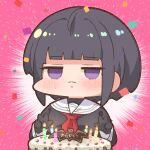  1girl :&lt; black_gloves black_hair black_serafuku black_shirt blush cake candle closed_mouth confetti double_w emphasis_lines food gloves idolmaster idolmaster_cinderella_girls jitome looking_at_viewer medium_hair neckerchief pink_background red_neckwear sailor_collar school_uniform serafuku shirayuki_chiyo shirt solo takato_kurosuke violet_eyes w white_sailor_collar 