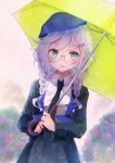  1girl beret black_jacket blue_eyes blue_headwear braid collared_shirt commentary_request girls_frontline glasses green_umbrella hair_ornament hair_over_shoulder hairclip hat highres holding holding_umbrella jacket kodama_(koda_mat) long_hair looking_at_viewer necktie parted_lips pleated_skirt shirt sier_(girls_frontline) skirt solo twin_braids umbrella upper_body white_hair white_shirt 