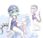  0x0082 1girl absurdres alternate_costume bare_legs bare_shoulders barefoot blue_eyes blue_hair blue_headwear blue_swimsuit blush eyebrows_visible_through_hair full_body goggles goggles_on_head highres kemono_friends multiple_views pool school_swimsuit short_hair sitting sleeveless snake_print snake_tail solo standing standing_on_one_leg swim_cap swimsuit tail translated tsuchinoko_(kemono_friends) water_drop 