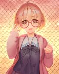  1girl ahoge chain-link_fence eyebrows_visible_through_hair fence glasses kuriyama_mirai kyoukai_no_kanata long_sleeves looking_at_viewer outdoors red-framed_eyewear rotix short_hair solo sunset upper_body 