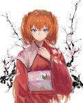  1girl absurdres bangs blue_eyes branch cherry_blossoms closed_mouth commentary expressionless floral_print flower hair_between_eyes hand_up highres huge_filesize interface_headset japanese_clothes jenmin12 kimono long_hair looking_at_viewer neon_genesis_evangelion obi orange_hair pink_flower print_kimono red_kimono sash simple_background solo souryuu_asuka_langley upper_body white_background 