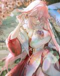 1girl breasts cherry_blossoms earrings fox_ears genshin_impact highres japanese_clothes kyoukaraa miko pink_hair violet_eyes yae_miko