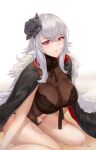  1girl absurdres artist_name azur_lane bangs black_flower black_jacket black_swimsuit breasts clothing_cutout coat crossed_bangs eyebrows_visible_through_hair flower fur-trimmed_coat fur_trim graf_zeppelin_(azur_lane) graf_zeppelin_(beachside_urd)_(azur_lane) grey_hair hair_flower hair_ornament highres ichikushi_mojibake jacket jacket_on_shoulders large_breasts long_hair looking_at_viewer navel_cutout official_alternate_costume one-piece_swimsuit see-through_swimsuit simple_background solo swimsuit taut_clothes taut_swimsuit very_long_hair violet_eyes white_background 