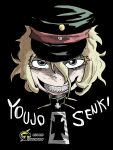  1girl artist_name black_background blonde_hair blue_eyes cross english_text evil_smile hat head_only highres looking_at_viewer military military_hat short_hair smile solo solo_focus spanish_commentary tanya_degurechaff teeth tuteheavy youjo_senki 