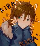  1boy :t absurdres blue_jacket brown_hair chinese_commentary closed_mouth eyebrows_behind_hair fur-trimmed_jacket fur_trim green_eyes hands_on_own_cheeks hands_on_own_face highres isoi_reiji jacket long_sleeves orange_background saibou_kamikyou solo sparkle yikousuuu 