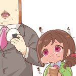  1boy 1girl baguette bread brown_hair brown_jacket character_request eating fang fang_out food food_on_face hair_ornament hair_scrunchie holding holding_food idolmaster idolmaster_cinderella_girls jacket long_sleeves necktie onigiri open_mouth pink_eyes pink_neckwear producer_(idolmaster) scrunchie side_ponytail simple_background takato_kurosuke white_background wide-eyed 