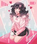  1girl :d animal_ears bangs barefoot black_headwear black_skirt blue_background character_doll cheer_(cheer) cheer_(cheerkitty14) collarbone commentary dangan_ronpa_(series) dangan_ronpa_v3:_killing_harmony dog_ears dog_girl dog_tail doll english_commentary fangs flower hair_flower hair_ornament happy hat heart highres holding holding_doll hood hood_down hoodie keebo long_hair long_sleeves looking_at_viewer multicolored_hair open_mouth original pink_background pink_eyes pink_flower pink_hair pink_hoodie pink_ribbon pleated_skirt ribbon seiza signal_bar sitting skirt smile solo striped tail two-tone_hair white_hoodie 
