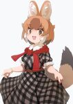 1girl :d animal_ear_fluff animal_ears belt black_dress bracelet brown_belt brown_hair collared_dress commentary_request cowboy_shot dhole_(kemono_friends) dog_ears dog_girl dog_tail dress extra_ears eyebrows_visible_through_hair eyes_visible_through_hair film_grain frilled_sleeves frills from_side grey_background grey_dress hair_flaps hands_up highres jewelry kemono_friends kemono_friends_3 light_brown_hair looking_at_viewer looking_to_the_side multicolored_hair open_mouth plaid plaid_dress puffy_short_sleeves puffy_sleeves saltlaver short_hair short_sleeves sidelocks simple_background skirt_hold smile solo standing sweater_around_neck tail yellow_eyes 