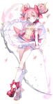  1girl absurdres bow_(weapon) bubble_skirt gloves hair_ribbon highres kaname_madoka magia_record:_mahou_shoujo_madoka_magica_gaiden magical_girl mahou_shoujo_madoka_magica pink_eyes pink_hair ribbon rumoon short_hair short_twintails skirt solo twintails weapon white_gloves 