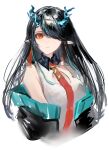  1girl arknights black_collar black_hair black_jacket china_dress chinese_clothes cleavage_cutout clothing_cutout collar commentary dragon_horns dress dusk_(arknights) ear_piercing green_hair hair_over_one_eye highres horns jacket long_hair looking_at_viewer multicolored_hair nanaponi necktie off_shoulder piercing pointy_ears red_eyes red_neckwear simple_background sleeveless sleeveless_dress solo streaked_hair upper_body white_background white_dress 