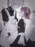  1boy 1girl alternate_costume apron bangs black_dress black_neckwear bnags bow bowtie brown_hair commentary_request crossdressinging dangan_ronpa_(series) dangan_ronpa_2:_goodbye_despair dress enmaided from_side grey_background grey_hair height_difference highres kibou_jiang komaeda_nagito looking_at_another maid maid_apron maid_headdress male_focus messy_hair nanami_chiaki pointy_nose ribbon-trimmed_dress short_hair short_sleeves wrist_cuffs 