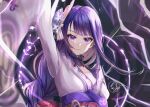  1girl arm_up bangs braid breasts closed_mouth commentary electricity english_commentary fanzysia flower genshin_impact hair_flower hair_ornament highres japanese_clothes kimono long_hair looking_at_viewer purple_flower purple_hair raiden_(genshin_impact) ribbon sash simple_background solo tassel violet_eyes wide_sleeves 