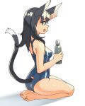  1girl :d animal_ears bare_legs barefoot black_hair blue_swimsuit bottle breasts cat_ears cat_girl cat_tail commentary english_commentary fang from_side full_body green_eyes hand_up highres holding holding_bottle impossible_clothes impossible_swimsuit long_hair looking_at_viewer looking_back looking_to_the_side medium_breasts one-piece_swimsuit open_mouth original school_swimsuit seiza sideways_glance sideways_mouth simple_background sitting smile solo swimsuit tail tail_raised vins-mousseux white_background 