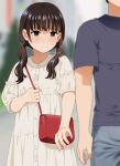  1boy 1girl bag black_hair black_shirt blue_pants blurry blurry_background blush brown_eyes closed_mouth day denim depth_of_field dress jeans long_hair low_twintails mattaku_mousuke original out_of_frame outdoors pants reaching shirt short_sleeves shoulder_bag solo_focus twintails wavy_mouth white_dress 