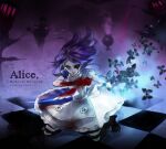  1girl alice:_madness_returns alice_(alice_in_wonderland) american_mcgee&#039;s_alice apron black_hair blood bloody_tears boots breasts bug butterfly closed_mouth dress insect jewelry jupiter_symbol knife long_hair necklace pantyhose sdaki solo striped striped_legwear weapon 